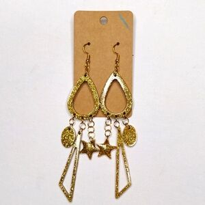 Gold Sparkle double dangle Oval Triangle Stars gold hypoallergenic earrings